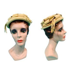 Vintage 1950s Sequin Beret Hat Tan Round Cap